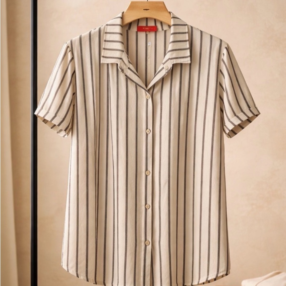 Striped Beige Button-Up Blouse